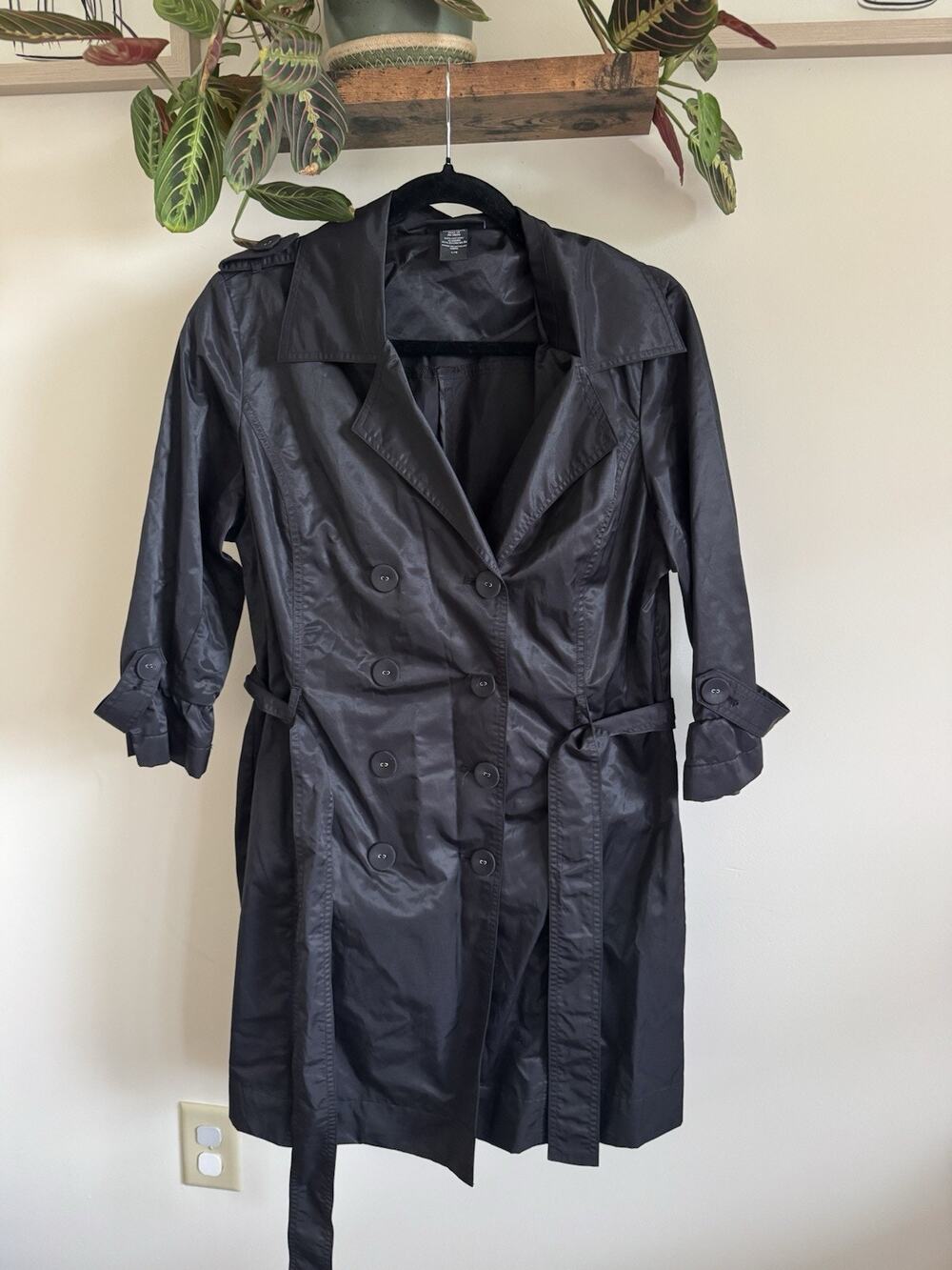 Apostrophe Womens Black Trench Coat Jacket Size L Belted Lightweight